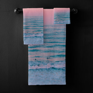 Serene Sunset Abstract Blue Pink Pastel Beach Bath Towel Set