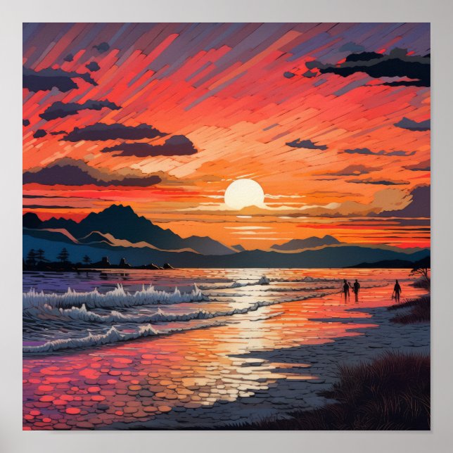 Serene Sunset Beach: Abstract Japanese-Inspired Ph Poster (Front)