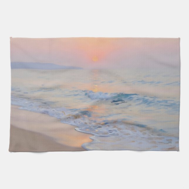 Serene Sunset Beach Ocean Glow Kitchen Towel (Horizontal)