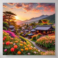 Serene Sunset Over Japanese Garden, Landscape