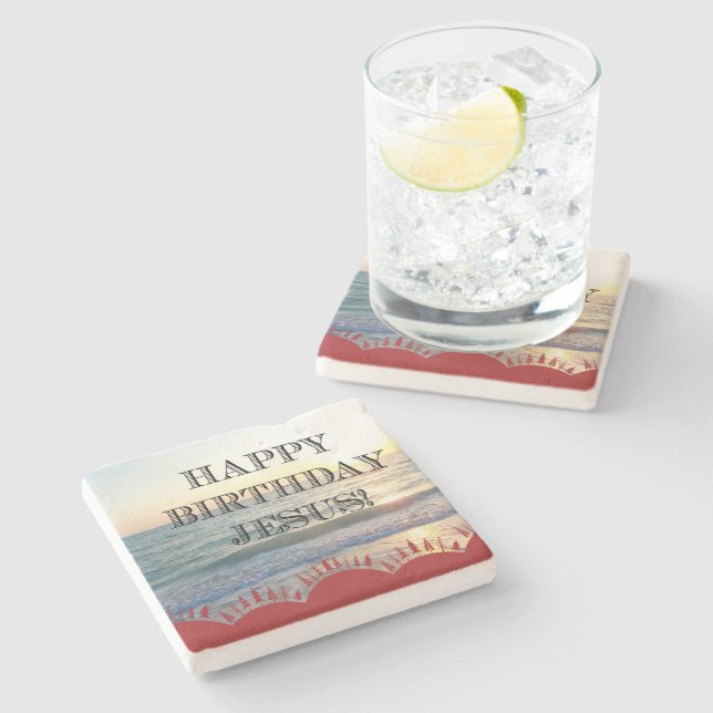 Serene Sunset Over Ocean Happy Birthday Jesus Stone Coaster (Side)