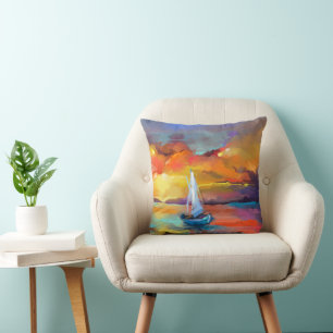 Serene Sunset Sailboat Art Throw Pillow