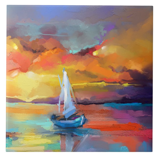 Serene Sunset Sailboat Art Tile (Front)