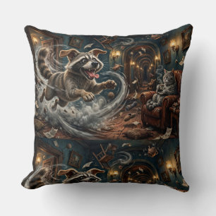Serene Tea Cat & Whirling Woodland Mischief Throw Pillow