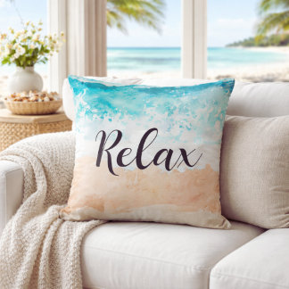 Serene Teal Coastal Ocean Waves Relax Beach Throw Pillow