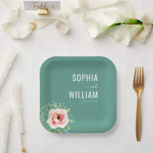 Serene Teal Floral Paper Plate