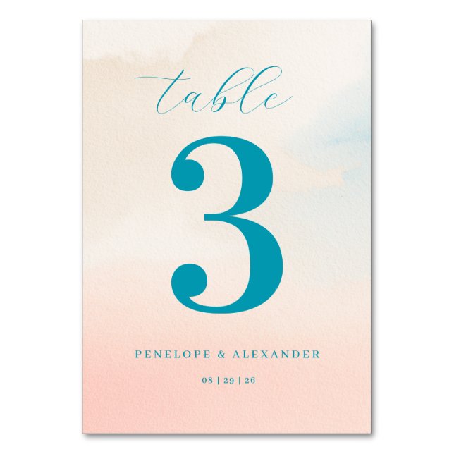 Serene Teal Watercolor Number Table Number (Front)
