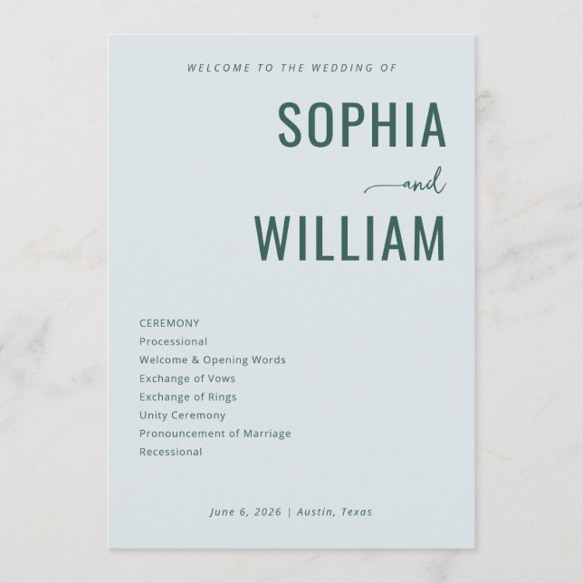 Serene Teal Wedding Ceremony Schedule Program (Front)