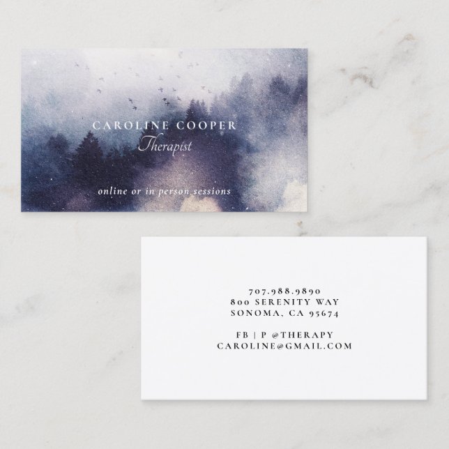 Serene Therapist Mist Trees Watercolor Business Card (Front/Back)