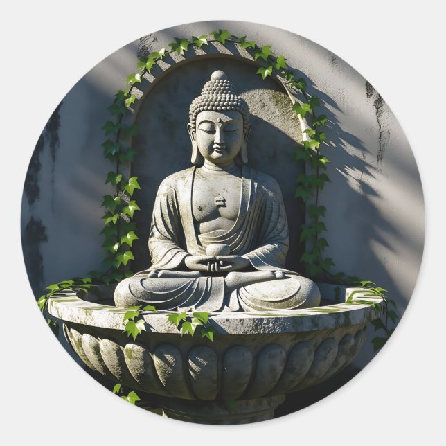 Serene Tranquil Buddha Fountain  Classic Round Sticker (Front)