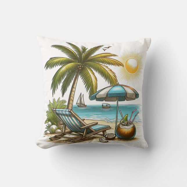 Serene Tropical Beach Throw Pillow (Front)