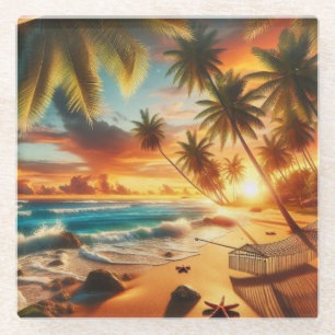 Serene Tropical Sunset Beach Painting Glass Coaster