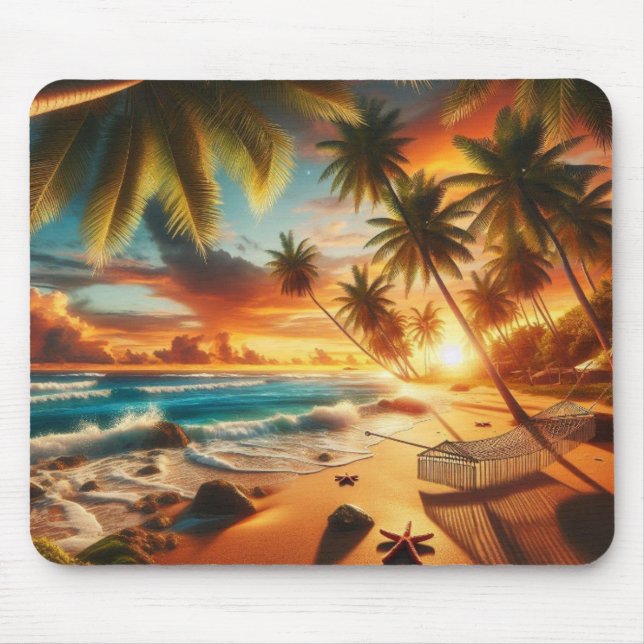 Serene Tropical Sunset Beach Painting Mouse Pad (Front)