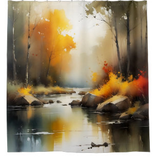 Serene vibrant Autumn river landscape painting
