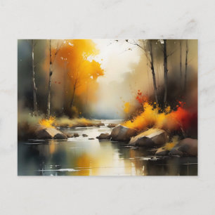 Serene vibrant Autumn river landscape painting Postcard
