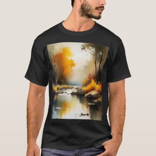 Serene vibrant Autumn river landscape painting T-Shirt