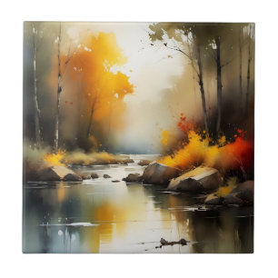 Serene vibrant Autumn river landscape painting Tile
