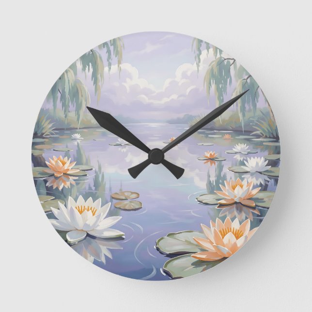 Serene Water Lilies Pond Weeping Willows  Round Clock (Front)