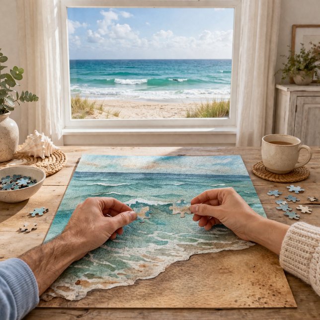Serene Watercolor Beach Waves - Ocean Vibes Jigsaw Puzzle (Creator Uploaded)