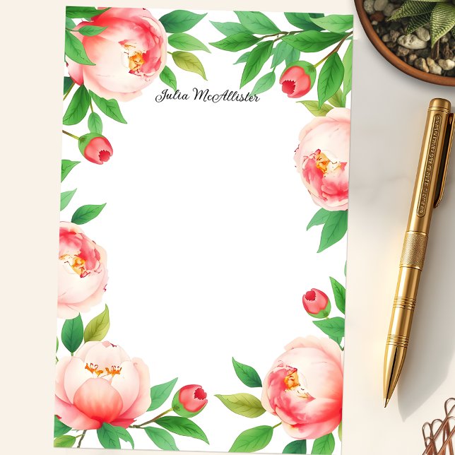 Serene Watercolor Blooming Peony Flowers Stationery (Creator Uploaded)