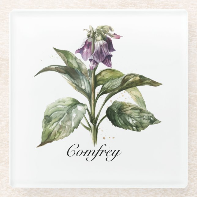 Serene Watercolor Comfrey, custom Glass Coaster (Front)