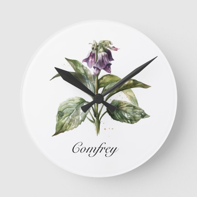 Serene Watercolor Comfrey, custom Round Clock (Front)