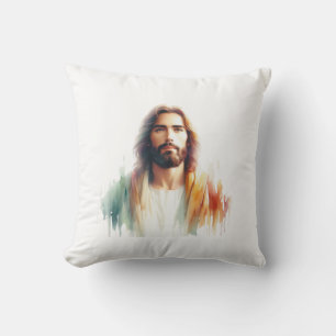 Serene Watercolor Jesus Christ Portrait – Spiritua Throw Pillow