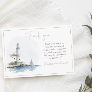 Serene Watercolor Lighthouse By Water Grey Funeral Thank You Card