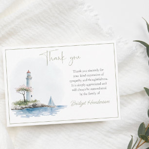 Serene Watercolor Lighthouse Coast Green Funeral Thank You Card