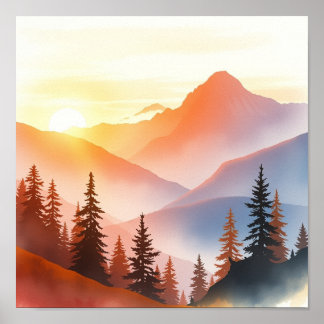 Serene Watercolor Mountain Landscape Wall Art