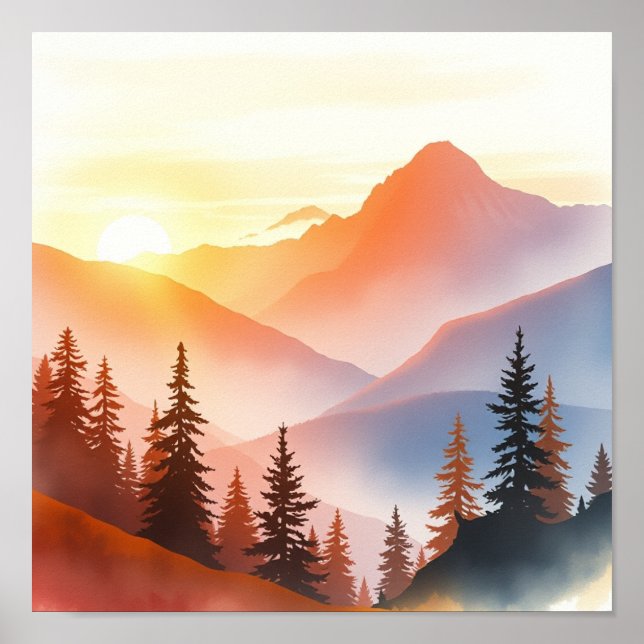 Serene Watercolor Mountain Landscape Wall Art (Front)