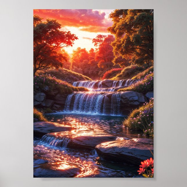 Serene Waterfall at Sunset Vertical Poster (Front)