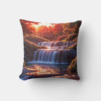 Serene Waterfall at Sunset Vertical Poster Throw Pillow