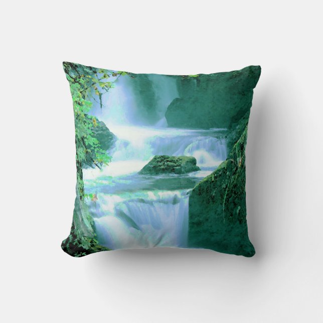Serene Waterfall in Blue and Green Throw Pillow (Front)