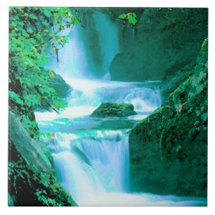Serene Waterfall in Blue and Green Tile