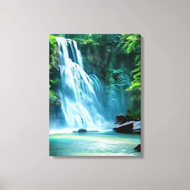 Serene Waterfall in Pale Blue and Green  Canvas Print (Front)