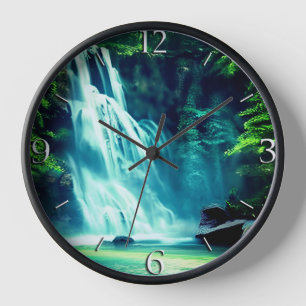 Serene Waterfall in Pale Blue and Green    Clock