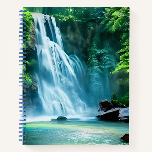 Serene Waterfall in Pale Blue and Green  Notebook (Front)