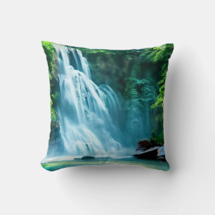 Serene Waterfall in Pale Blue and Green Throw Pillow
