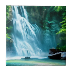 Serene Waterfall in Pale Blue and Green  Tile