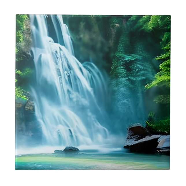 Serene Waterfall in Pale Blue and Green  Tile (Front)