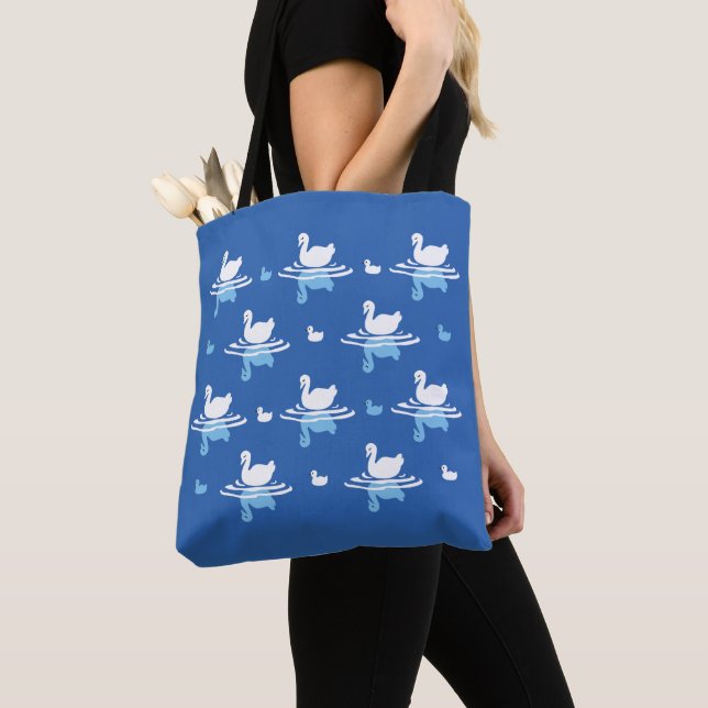 Serene Waters - Playful Swan Lake Pattern Design Tote Bag (Close Up)