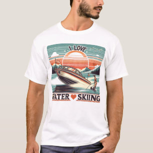 Serene Waters: Woman on Boat With I Love Water Ski T-Shirt