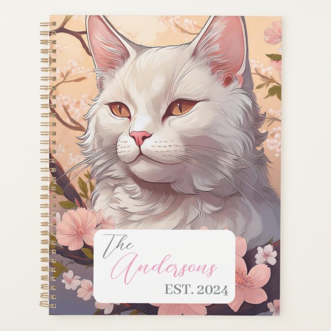 Serene White Cat Planner avec nom et année (Devant)
