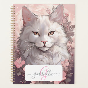 Serene White Cat Planner avec nom et monogramme