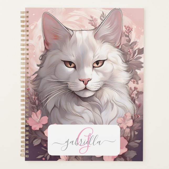 Serene White Cat Planner avec nom et monogramme (Devant)