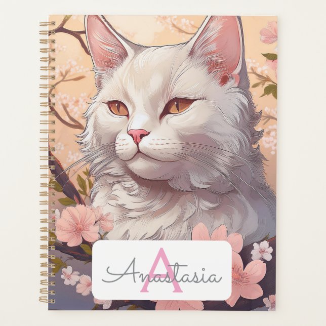 Serene White Cat Planner with Name & Monogram (Front)