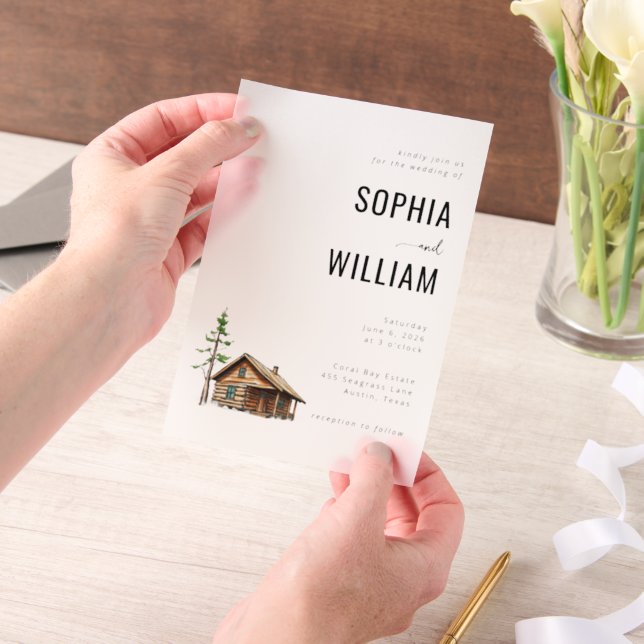 Serene White Rustic Cabin Vellum Invitations (Handheld)