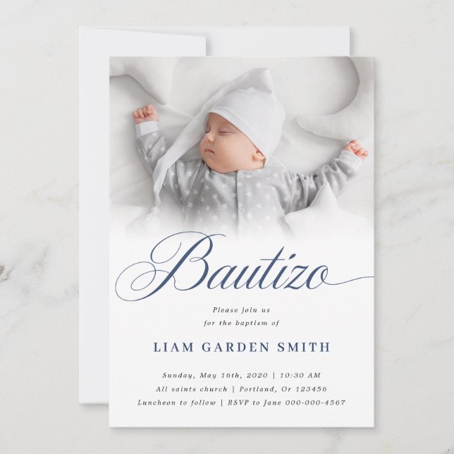 Serene White Script Bautizo Photo Design Invitation (Front)