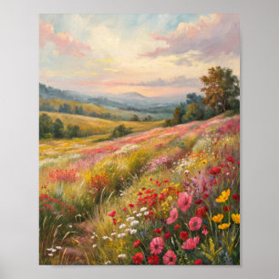 Serene Wildflower Meadow at Sunset Oil Painting Poster